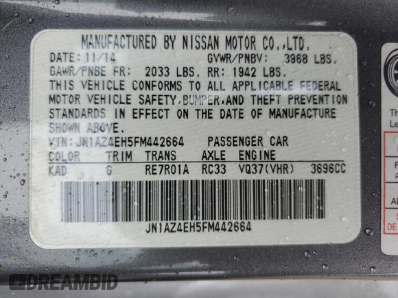 2015 Nissan 370Z with VIN JN1AZ4EH5FM442664, listed as a Copart auction lot 47784934 with 71,151 mi miles. Bid and sale history available at carsss.com. Image 14.