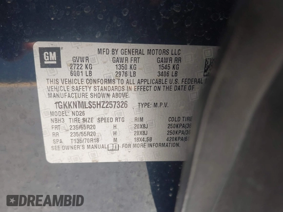 2017 GMC Acadia SLT with VIN 1GKKNMLS5HZ257326, listed as a IAAI auction lot 41786974 with 105,636 mi miles. Bid and sale history available at carsss.com. Image 9.