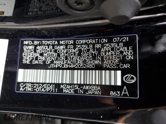 2021 Lexus UX 250h with VIN JTHP9JBH4M2052480, listed as a Copart auction lot 59948845 with 22,033 mi miles and Salvage title. Bid and sale history available at DreamBid. Image 13.