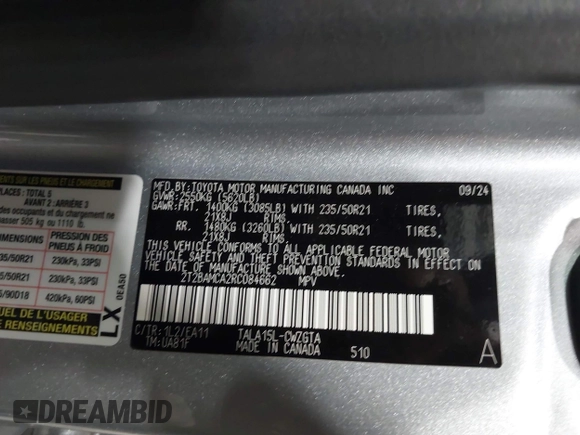 2024 Lexus RX 350 with VIN 2T2BAMCA2RC084662, listed as a IAAI auction lot 42026772 with 4,160 mi miles and . Bid and sale history available at DreamBid. Image 9.