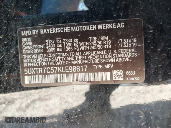 2019 BMW X3 sDrive30i with VIN 5UXTR7C57KLE98817, listed as a IAAI auction lot 40920780 with 1 mi miles. Bid and sale history available at carsss.com. Image 9.