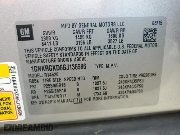 2016 Chevrolet Traverse LT z VIN 1GNKRGKD6GJ136586, wystawiony jako Copart lot #55049905 z przebiegiem 124 681 mil mil oraz Szkoda całkowita • Salvage title. Historia ofert i sprzedaży dostępna na DreamBid. Obrazek 13.
