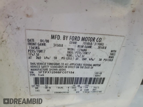 2008 Ford F-150 XLT with VIN 1FTPX12568FC07154, listed as a Copart auction lot 42030185 with 290,918 mi miles and Salvage Title. Bid and sale history available at carsss.com. Image 12.