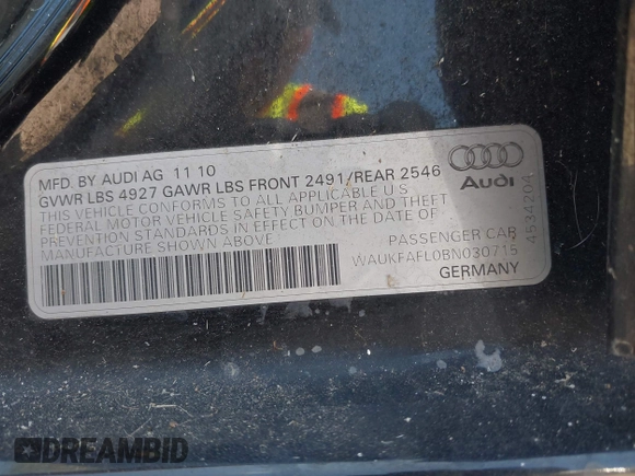2011 Audi A4 Prestige z VIN WAUKFAFL0BN030715, wystawiony jako IAAI lot #40384177 z przebiegiem 190 705 mil mil oraz . Historia ofert i sprzedaży dostępna na DreamBid. Obrazek 9.