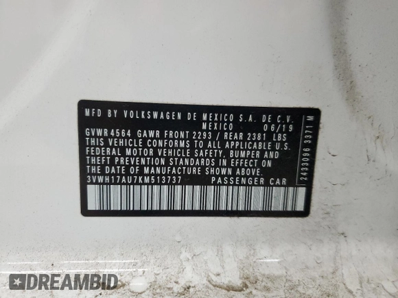 2019 Volkswagen Golf S с VIN 3VWH17AU7KM513737, выставлен на аукционе Copart как лот 55496145 с пробегом 74 182 миль миль и Списание • Salvage title. История ставок и продаж доступна на DreamBid. Изображение 12.