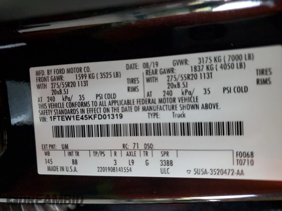 2019 Ford F-150 XL with VIN 1FTEW1E45KFD01319, listed as a Copart auction lot 56991875 with 90,871 mi miles and Salvage title. Bid and sale history available at DreamBid. Image 12.