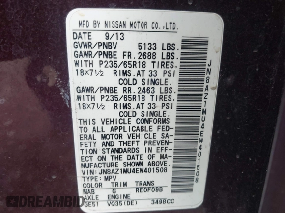 2014 Nissan Murano SL with VIN JN8AZ1MU4EW401508, listed as a IAAI auction lot 41969431 with 109,006 mi miles and . Bid and sale history available at carsss.com. Image 9.