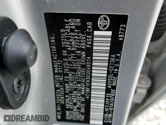 2012 Toyota Camry L with VIN 4T1BF1FK9CU048014, listed as a Copart auction lot 51923335 with 165,490 mi miles and Salvage Title. Bid and sale history available at carsss.com. Image 12.