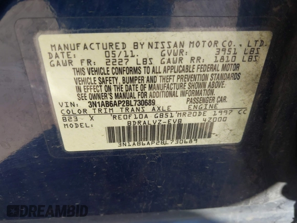 2011 Nissan Sentra SR with VIN 3N1AB6AP2BL730689, listed as a IAAI auction lot 42236213 with 181,975 mi miles and . Bid and sale history available at DreamBid. Image 9.