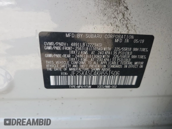 2019 Subaru Forester Limited with VIN JF2SKASC4KH551506, listed as a Copart auction lot 64730825 with 45,774 mi miles and Salvage title. Bid and sale history available at DreamBid. Image 13.