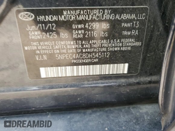 2013 Hyundai Sonata Limited with VIN 5NPEC4AC8DH545112, listed as a Copart auction lot 54105875 with 200,491 mi miles and Clean Title. Bid and sale history available at carsss.com. Image 12.
