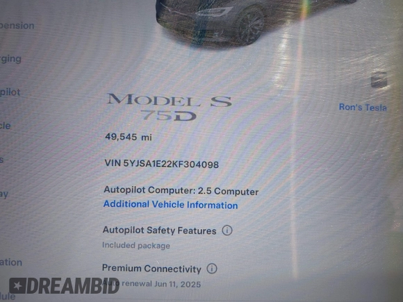 2019 Tesla Model S 75D с VIN 5YJSA1E22KF304098, выставлен на аукционе IAAI как лот 42293794 с пробегом 49 545 миль миль и . История ставок и продаж доступна на DreamBid. Изображение 7.