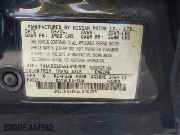 2006 Nissan Sentra S with VIN 3N1CB51D66L590709, listed as a IAAI auction lot 41562019 with 244,269 mi miles and . Bid and sale history available at DreamBid. Image 9.