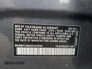 2013 Volkswagen CC R-Line with VIN WVWBP7AN5DE564646, listed as a Copart auction lot 73240774 with 53,337 mi miles and Salvage Title. Bid and sale history available at carsss.com. Image 12.