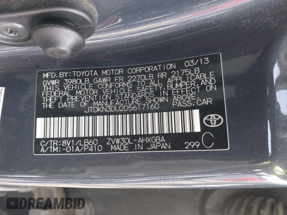2013 Toyota Prius One with VIN JTDKN3DU2D5617160, listed as a IAAI auction lot 41582656 with 284,205 mi miles and . Bid and sale history available at DreamBid. Image 9.