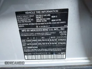 2006 Mercedes-Benz M 500 with VIN 4JGBB75E96A002814, listed as a IAAI auction lot 42686102 with 199,734 mi miles and . Bid and sale history available at DreamBid. Image 9.