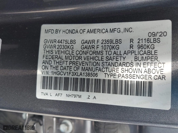 2020 Honda Accord Sedan Sport with VIN 1HGCV1F3XLA138506, listed as a IAAI auction lot 41175205 with 94,261 mi miles. Bid and sale history available at carsss.com. Image 9.