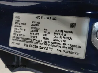 2022 Tesla Model 3 Long Range with VIN 5YJ3E1EB8NF255163, listed as a IAAI auction lot 42105451 with 40,166 mi miles and . Bid and sale history available at DreamBid. Image 9.