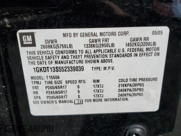 2005 GMC Envoy SLT with VIN 1GKDT13S552339039, listed as a Copart auction lot 49597475 with 192,060 mi miles and Clean Title. Bid and sale history available at carsss.com. Image 13.