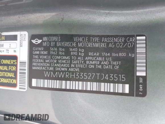 2007 MINI Convertible S with VIN WMWRH33527TJ43515, listed as a IAAI auction lot 41651846 with Not provided miles and . Bid and sale history available at DreamBid. Image 9.