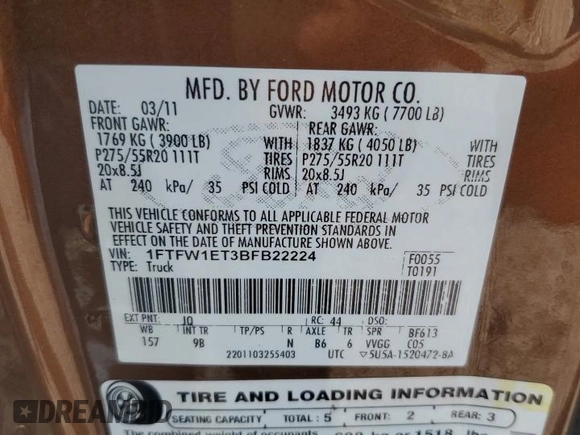 2011 Ford F-150 XLT with VIN 1FTFW1ET3BFB22224, listed as a Copart auction lot 51444185 with 186,968 mi miles and Salvage Title. Bid and sale history available at carsss.com. Image 14.