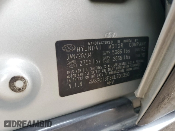2004 Hyundai Santa Fe GLS with VIN KM8SC13E34U701350, listed as a Copart auction lot 58671145 with 192,274 mi miles and Salvage title. Bid and sale history available at DreamBid. Image 13.