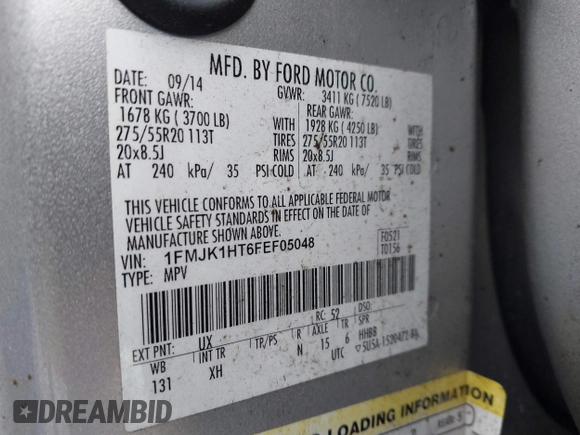2015 Ford Expedition EL XLT with VIN 1FMJK1HT6FEF05048, listed as a IAAI auction lot 41539189 with 1 mi miles. Bid and sale history available at carsss.com. Image 9.