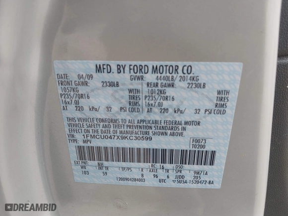 2009 Ford Escape Limited with VIN 1FMCU047X9KC30599, listed as a IAAI auction lot 41375656 with 122,185 mi miles. Bid and sale history available at carsss.com. Image 9.