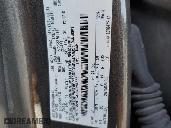 2018 Ford F-150 XL with VIN 1FTEW1EG4JKC18755, listed as a Copart auction lot 88741905 with 0 mi miles and Salvage Title. Bid and sale history available at carsss.com. Image 13.