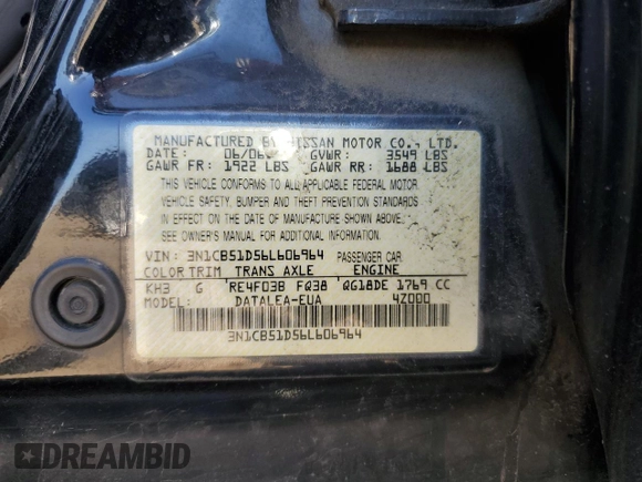 2006 Nissan Sentra S with VIN 3N1CB51D56L606964, listed as a Copart auction lot 52257075 with 68,200 mi miles and Salvage Title. Bid and sale history available at DreamBid. Image 14.