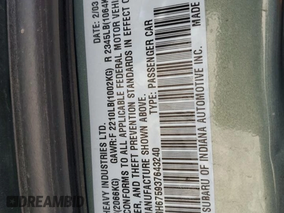 2003 Subaru Legacy Outback z VIN 4S3BH675937643240, wystawiony jako Copart lot #55864245 z przebiegiem 148 660 mil mil oraz Szkoda całkowita • Salvage title. Historia ofert i sprzedaży dostępna na DreamBid. Obrazek 12.