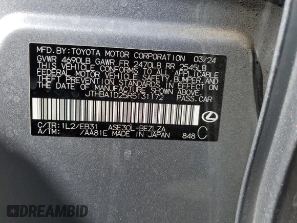 2024 Lexus IS 300 with VIN JTHBA1D25R5131172, listed as a Copart auction lot 43476375 with 22,835 mi miles and Salvage title. Bid and sale history available at DreamBid. Image 12.