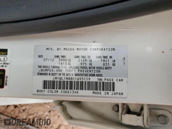 2012 Mazda 3 i Grand Touring with VIN JM1BL1M88C1693159, listed as a Copart auction lot 56068295 with 90,669 mi miles and Salvage title. Bid and sale history available at DreamBid. Image 12.