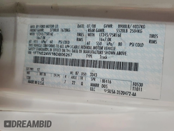 2008 Ford Econoline Cargo Commercial with VIN 1FTNE24W18DB06267, listed as a Copart auction lot 88516995 with 73,464 mi miles and Salvage Title. Bid and sale history available at DreamBid. Image 13.