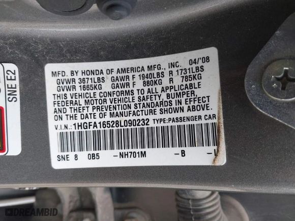 2008 Honda Civic Sdn LX with VIN 1HGFA16528L090232, listed as a IAAI auction lot 41652232 with 148,244 mi miles. Bid and sale history available at carsss.com. Image 9.