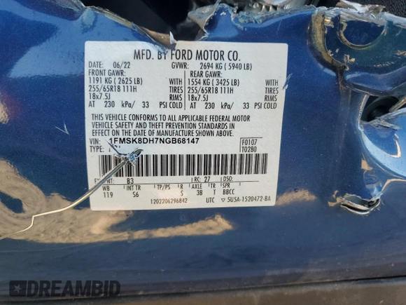 2022 Ford Explorer XLT with VIN 1FMSK8DH7NGB68147, listed as a Copart auction lot 43988225 with 0 mi miles and Salvage Title. Bid and sale history available at carsss.com. Image 13.
