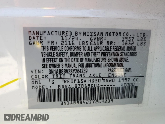 2025 Nissan Sentra S z VIN 3N1AB8BV2SY264239, wystawiony jako Copart lot #53514905 z przebiegiem 2431 mil mil oraz Szkoda całkowita • Salvage title. Historia ofert i sprzedaży dostępna na DreamBid. Obrazek 14.
