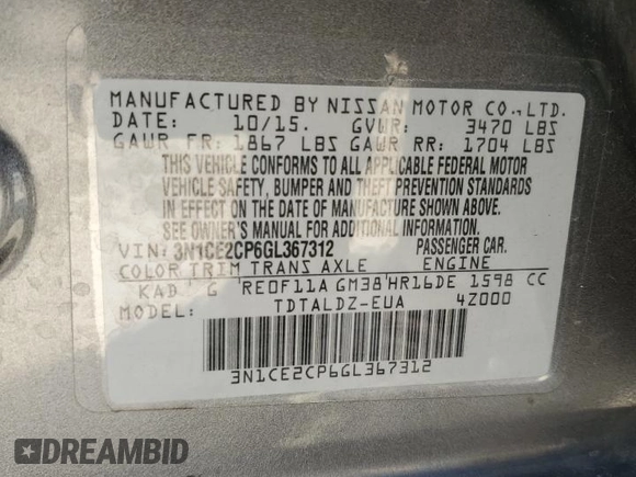 2016 Nissan Note SV with VIN 3N1CE2CP6GL367312, listed as a Copart auction lot 51609635 with 87,850 mi miles and Salvage Title. Bid and sale history available at DreamBid. Image 15.
