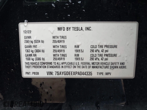 2023 Tesla Model Y Long Range with VIN 7SAYGDEEXPA044335, listed as a IAAI auction lot 42350159 with 26,731 mi miles and . Bid and sale history available at DreamBid. Image 9.