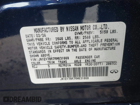 2024 Infiniti Q50 Luxe with VIN JN1EV7BR7RM631669, listed as a IAAI auction lot 42379035 with 9,376 mi miles and . Bid and sale history available at DreamBid. Image 9.