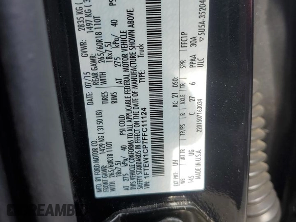 2015 Ford F-150 XL with VIN 1FTEW1CP7FFC11124, listed as a Copart auction lot 41777125 with 105,215 mi miles and Salvage title. Bid and sale history available at DreamBid. Image 12.