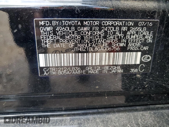 2016 Lexus GS 350 with VIN JTHBZ1BL8GA006756, listed as a Copart auction lot 59570905 with 69,156 mi miles and Salvage title. Bid and sale history available at DreamBid. Image 13.