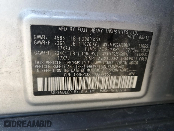 2013 Subaru Outback Limited with VIN 4S4BRCKC1D3227852, listed as a Copart auction lot 61446665 with 149,200 mi miles and Non repairable. Bid and sale history available at DreamBid. Image 12.