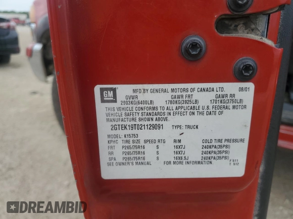 2002 GMC Sierra 1500 SLE z VIN 2GTEK19T021129091, wystawiony jako Copart lot #61494455 z przebiegiem 280 621 mil mil oraz Czysty tytuł • Clean title. Historia ofert i sprzedaży dostępna na DreamBid. Obrazek 12.