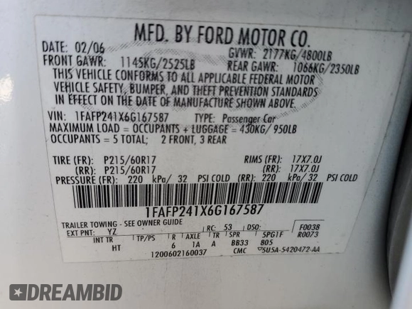 2006 Ford Five Hundred SEL with VIN 1FAFP241X6G167587, listed as a Copart auction lot 48551615 with 200,519 mi miles and Salvage Title. Bid and sale history available at carsss.com. Image 12.
