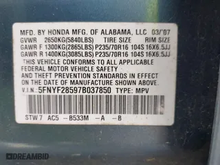 2007 Honda Pilot EX-L with VIN 5FNYF28597B037850, listed as a IAAI auction lot 41879048 with 194,089 mi miles. Bid and sale history available at carsss.com. Image 9.