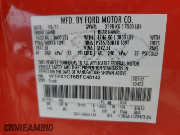 2011 Ford F-150 XL с VIN 1FTFX1CT6BFC48142, выставлен на аукционе Copart как лот 54585655 с пробегом 104 224 миль миль и Чистый • Clean title. История ставок и продаж доступна на DreamBid. Изображение 13.