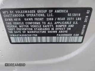 2016 Volkswagen Passat S с VIN 1VWAS7A30GC031755, выставлен на аукционе IAAI как лот 42359638 с пробегом 115 046 миль миль и . История ставок и продаж доступна на DreamBid. Изображение 9.