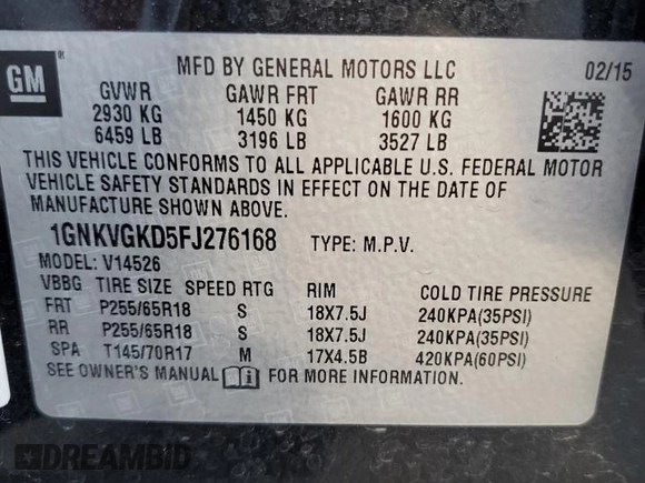 2015 Chevrolet Traverse LT with VIN 1GNKVGKD5FJ276168, listed as a Copart auction lot 78039714 with 101,868 mi miles and Salvage Title. Bid and sale history available at DreamBid. Image 13.