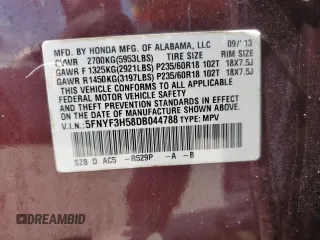 2013 Honda Pilot EX-L с VIN 5FNYF3H58DB044788, выставлен на аукционе Copart как лот 60202325 с пробегом Не указан миль и Списание • Salvage title. История ставок и продаж доступна на DreamBid. Изображение 13.